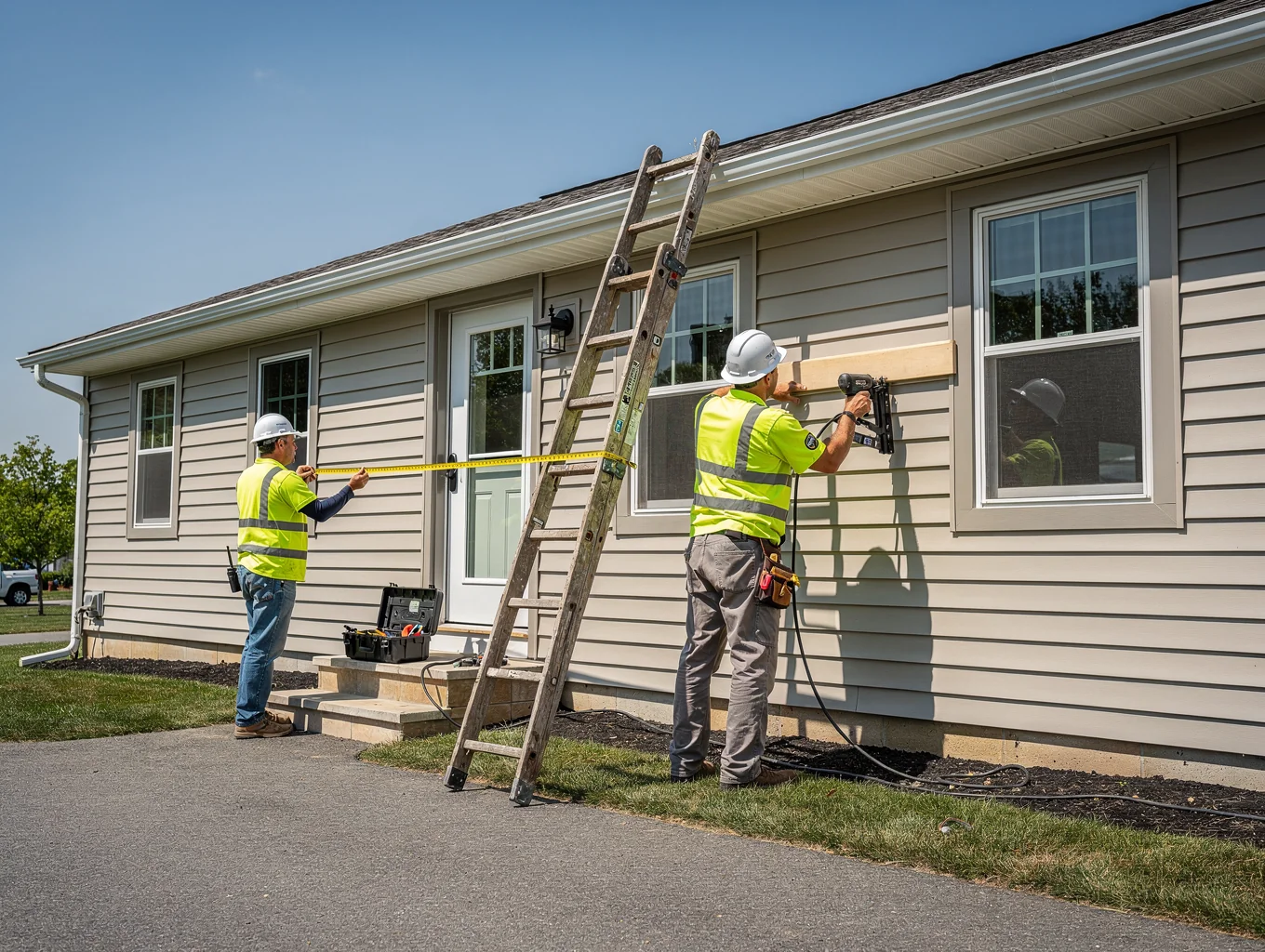 Technicians installing weather-resistant siding on a new apartment complex