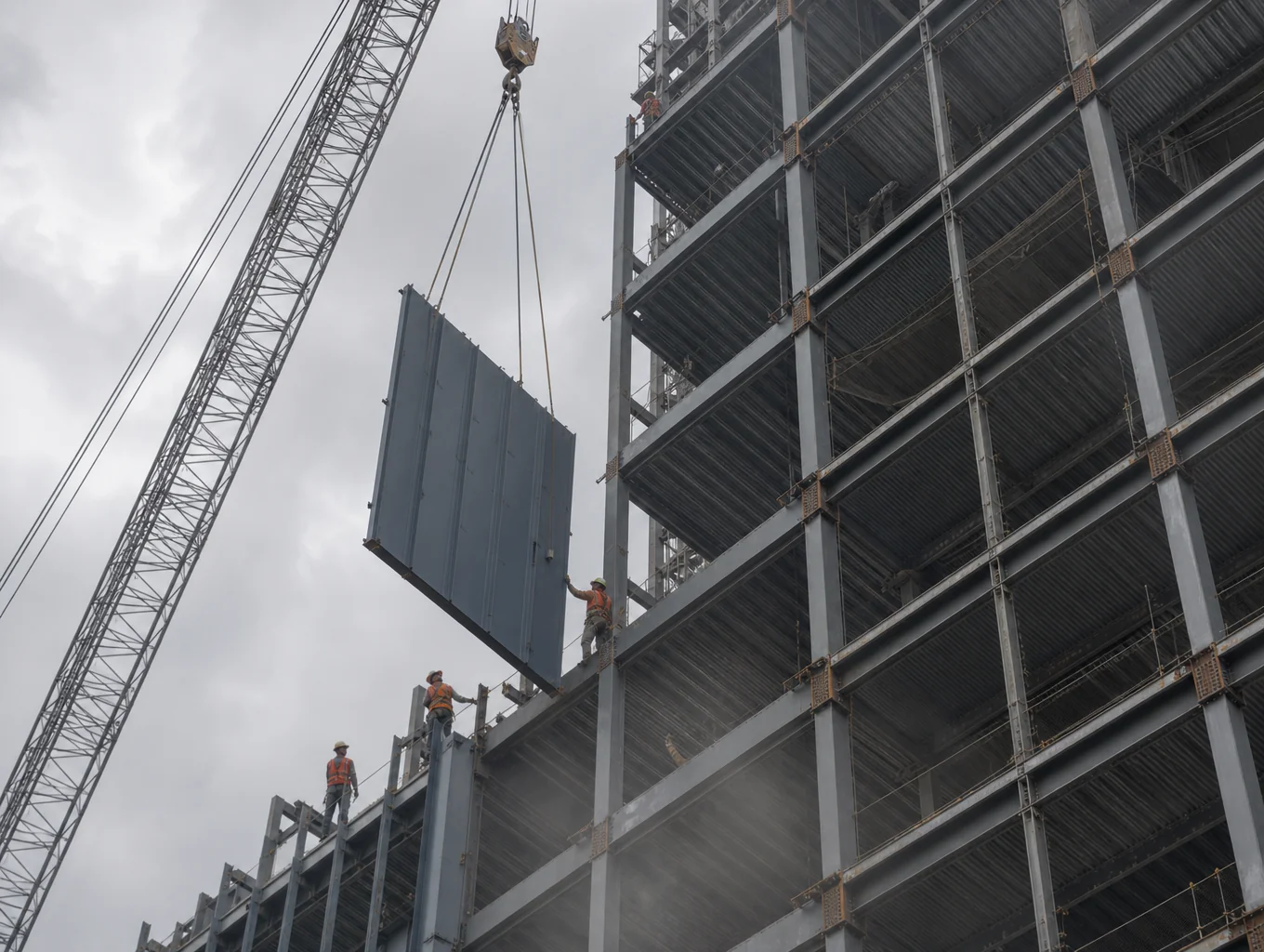 Construction crew framing the upper levels of a large multifamily building