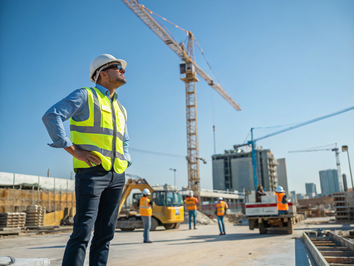 Project manager reviewing site plans on a tablet at the construction site