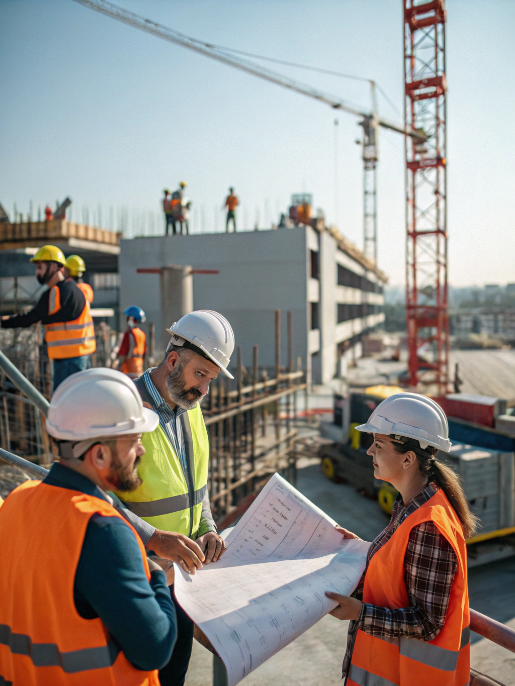 Project managers coordinating construction logistics on-site
